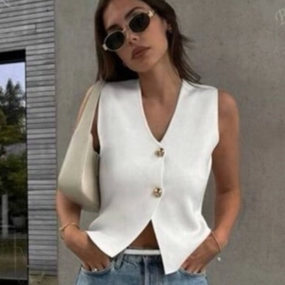 Zara White Sleeveless Top with Gold Buttons